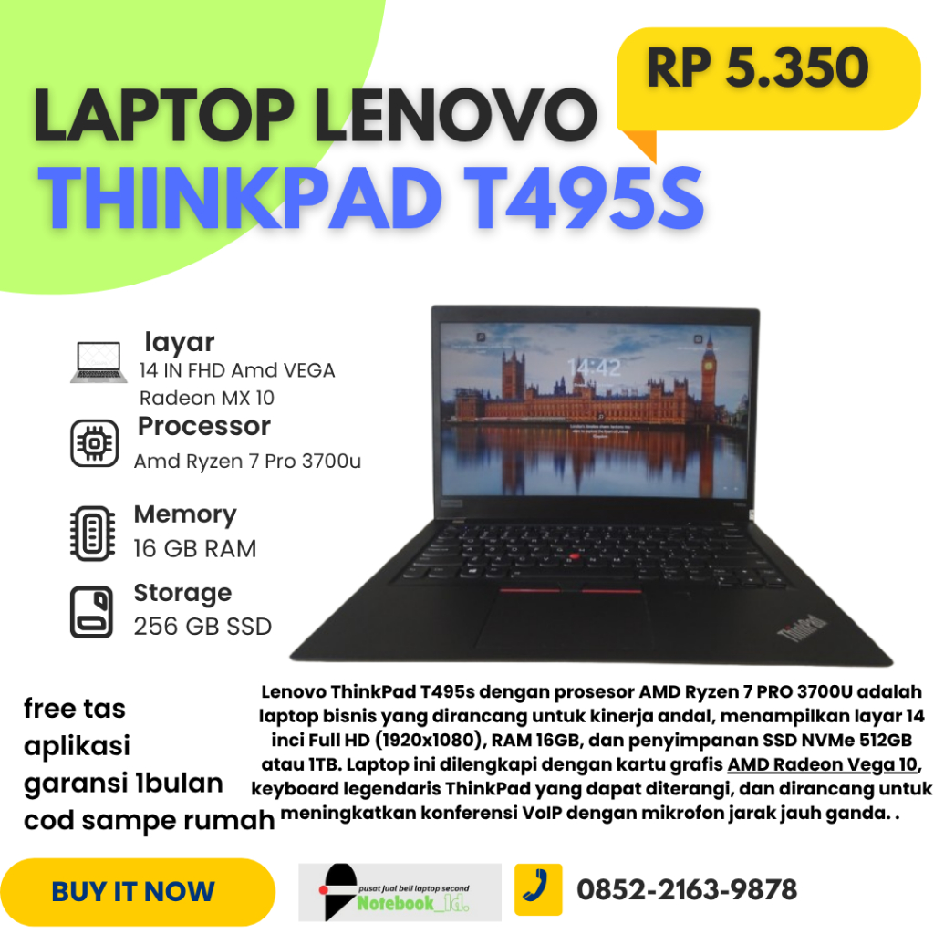 LAPTOP  LENOVO THINKPAD T495s AMD RYZEN 7 PRO 3700u 16GB