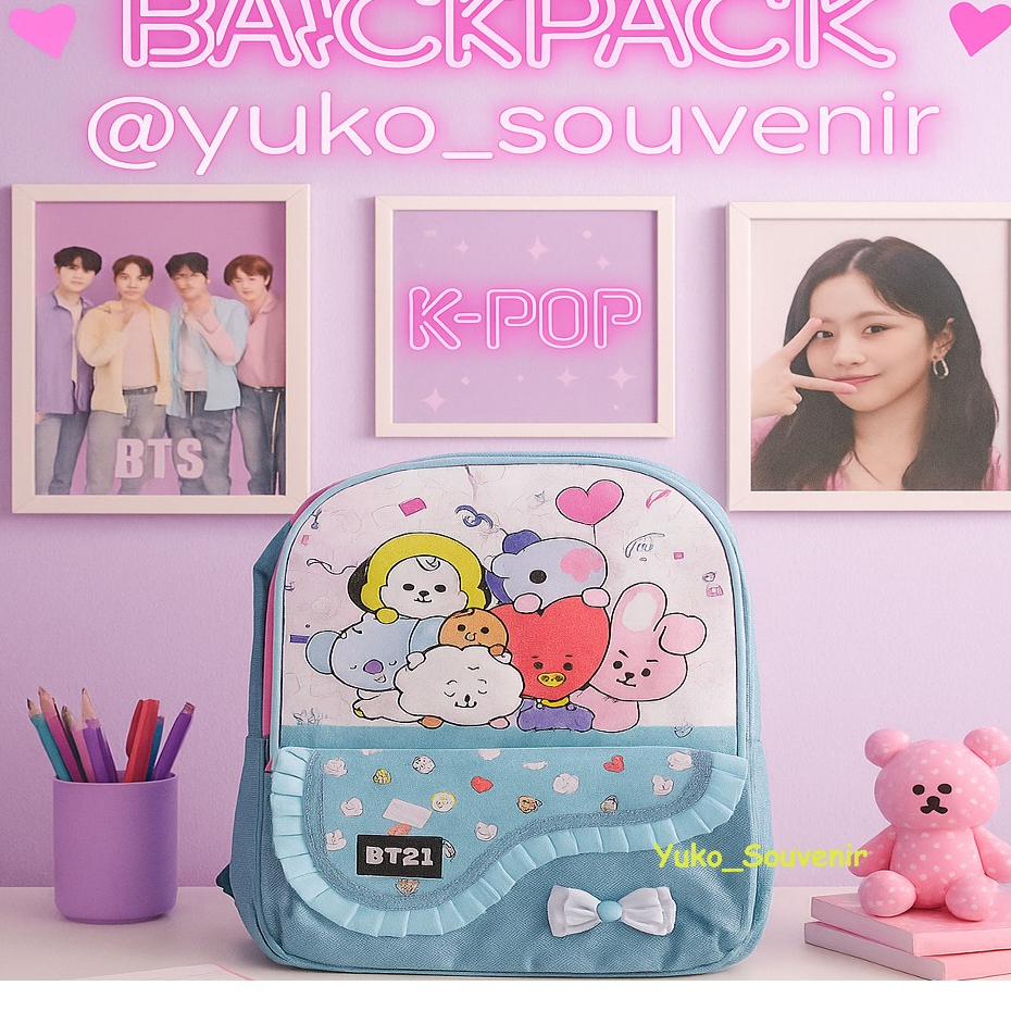 Tas Sekolah Anak BTS 21 Tas Ransel karakter Ukuran TK Kantong Depan Pita