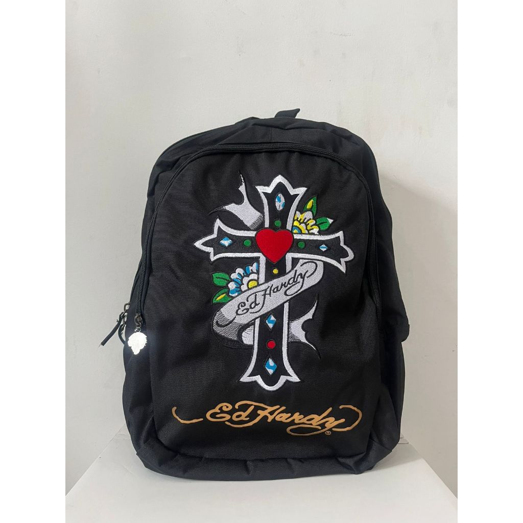 Tas Ransel Ed Hardy Motif Cross Heart – Backpack Fashion Pria Wanita Unisex