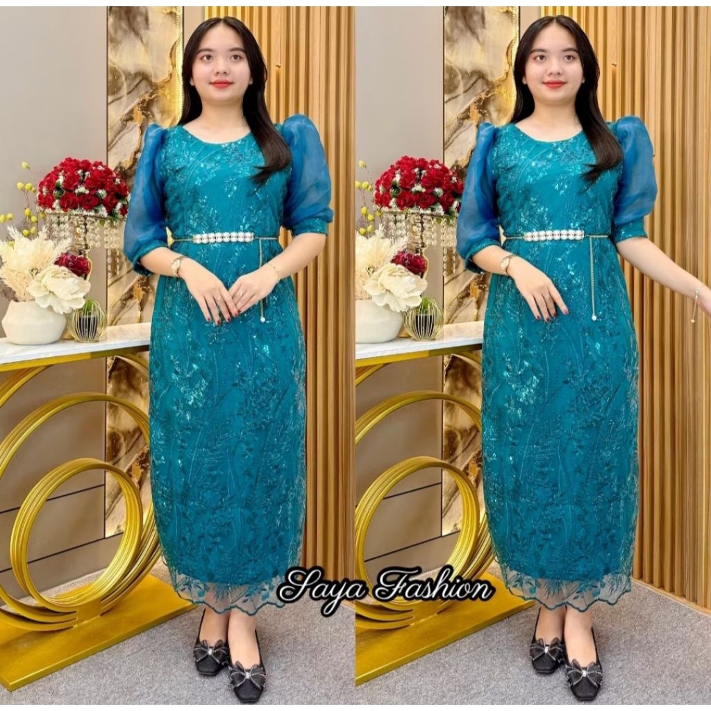 Dres tile kombinasi organza free belt