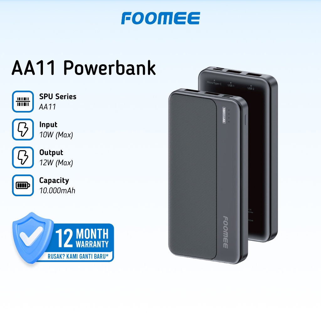 Foomee AA11 Powerbank 10000mAh Fast Charging 12W Dual USB Output Slim Portable Garansi 1 tahun