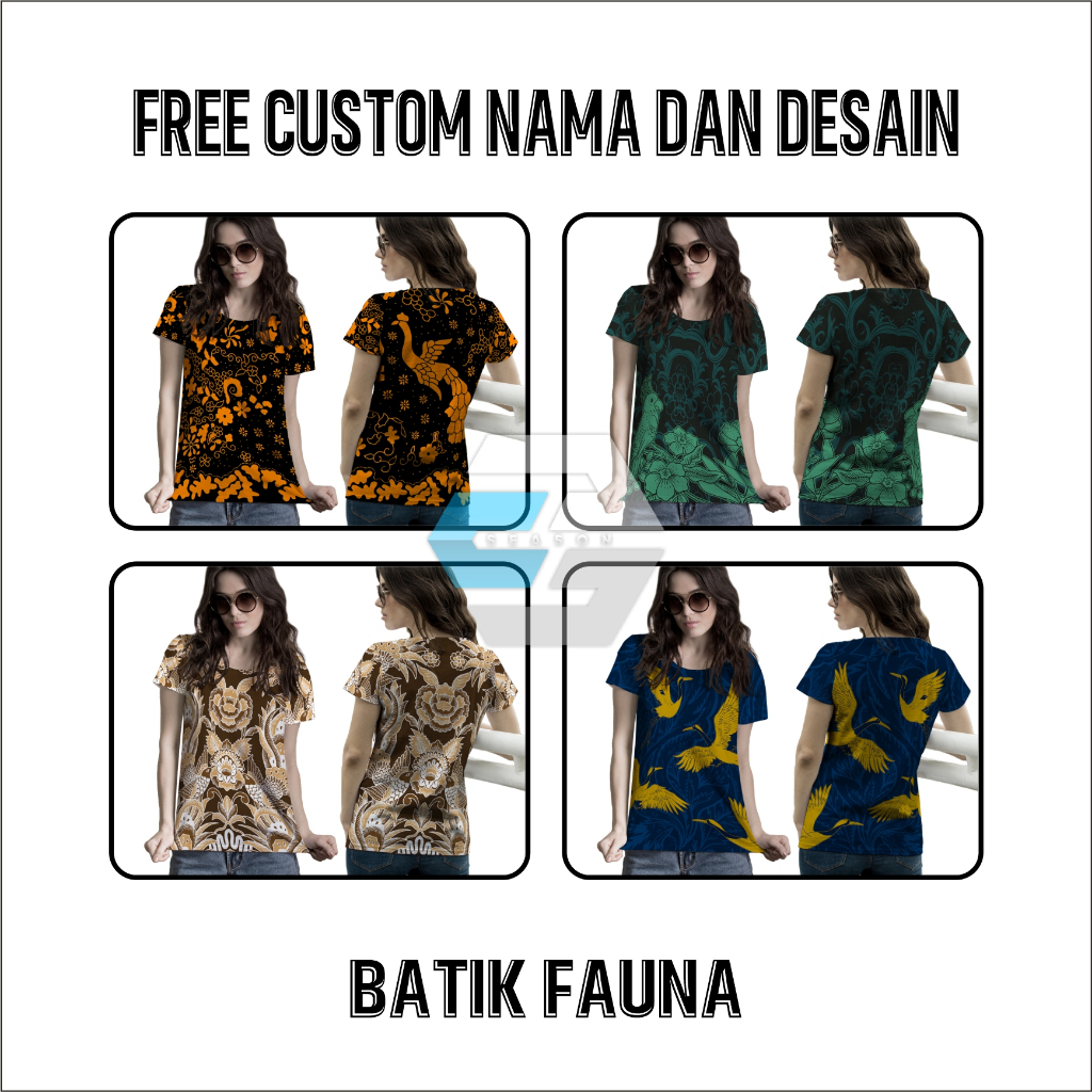 Baju Kaos Jersey Wanita Batik Fauna Sport Badminton Voli Tenis Padel Futsal Free Custom Nama & Desai