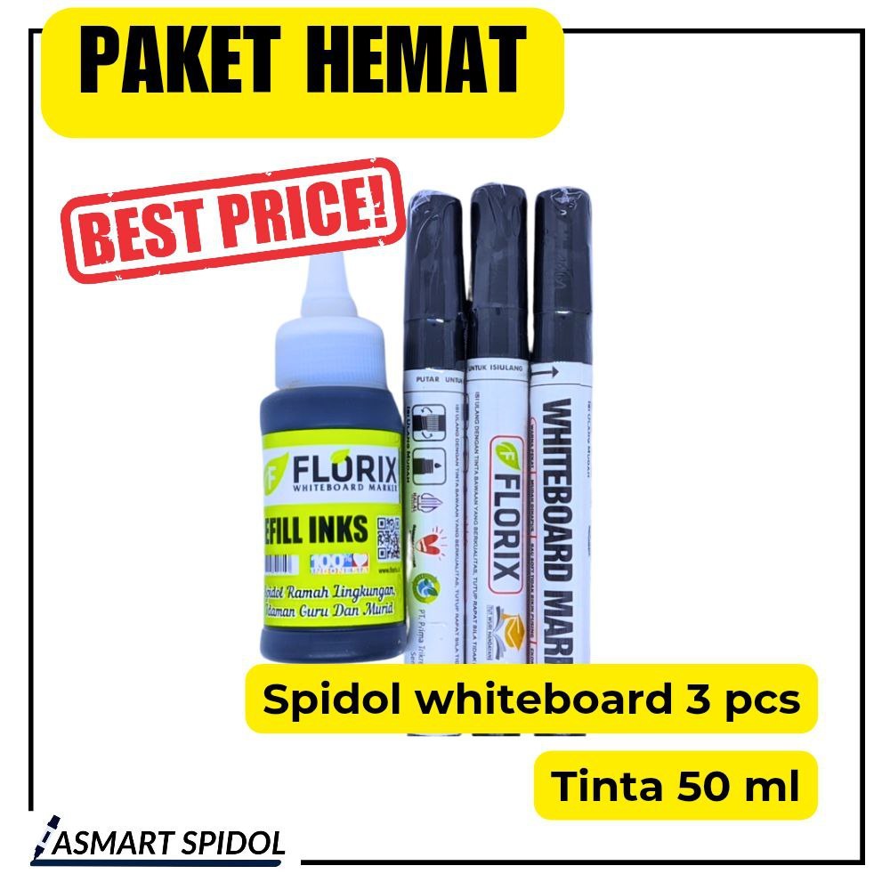 Paket Spidol Whiteboard FLORIX 3pcs + Tinta 50ml | Cocok untuk Sekolah