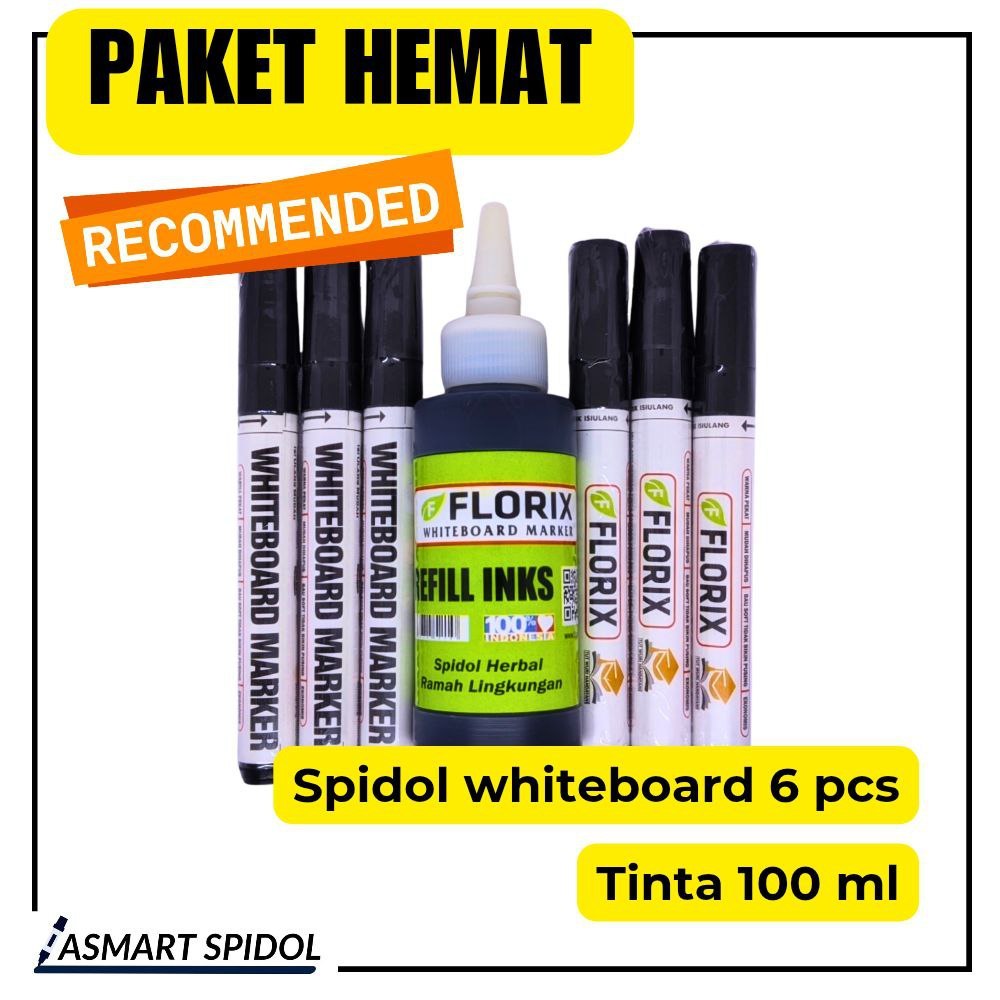 Paket Spidol Whiteboard FLORIX | 6 Spidol + Tinta 100ml