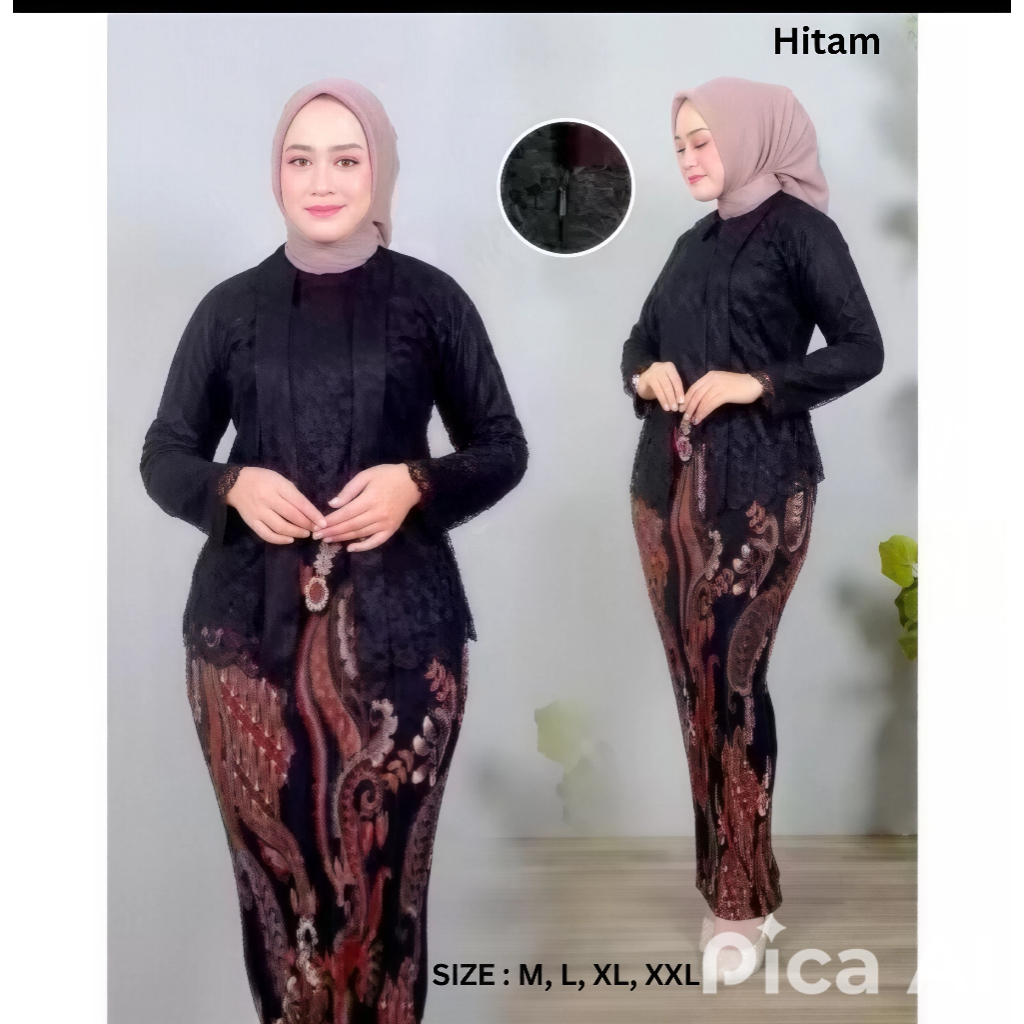 Setelan Kebaya Rok panjang kutubaru Brokat Full Furing / Setelan Kebaya Muslimah Warna Hitam / Kebay