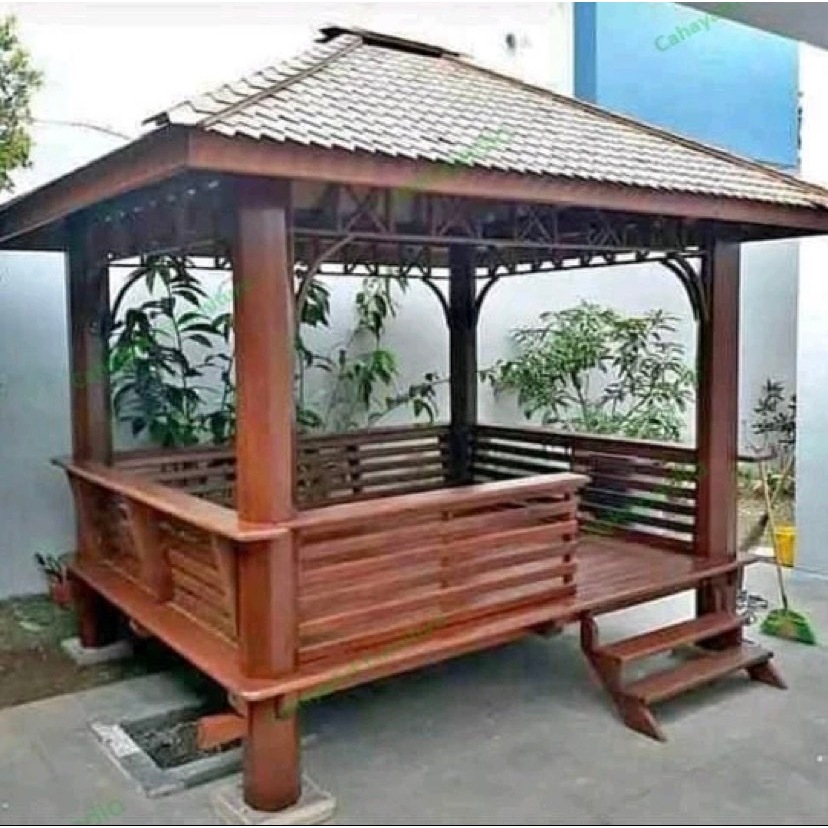 gazebo kayu minimalis 2x2 meter | gazebo taman kayu jati | saung gazebo taman 3x3 meter