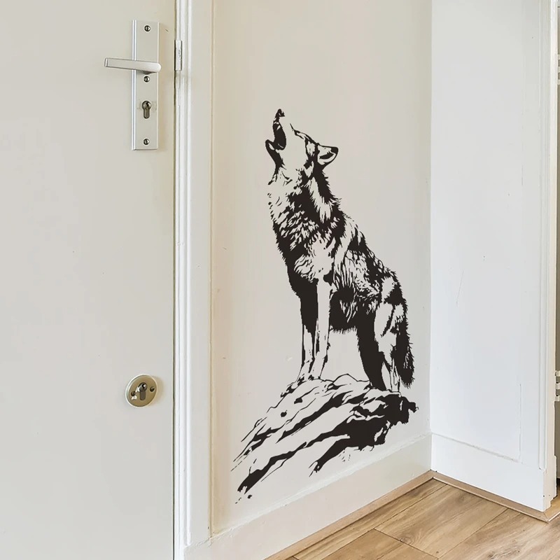Poster Hewan 3D Serigala Menyendiri Melolong Stiker Mural Vinyl di Pintu Dinding untuk Dekorasi Ruan
