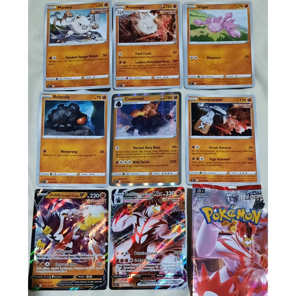 Kartu Pokemon indo s5I serangan tunggal (mankey, primeape, gligar, gliscor, coalossal, stonjourner, 