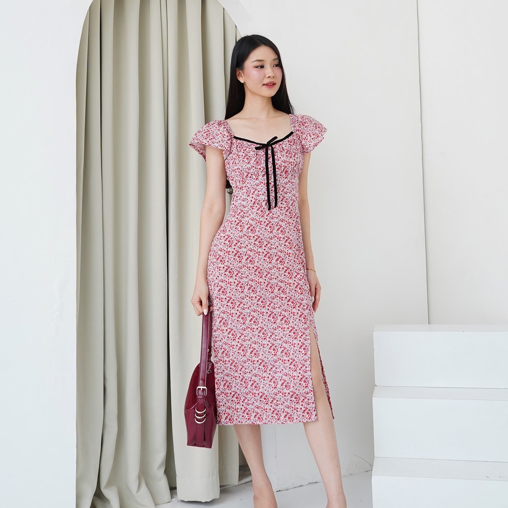 JOUETA | Manon Midi Dress | Midi Dress Korean Bunga Merah Maroon Katun Slit Bodycon | Summer Dress |