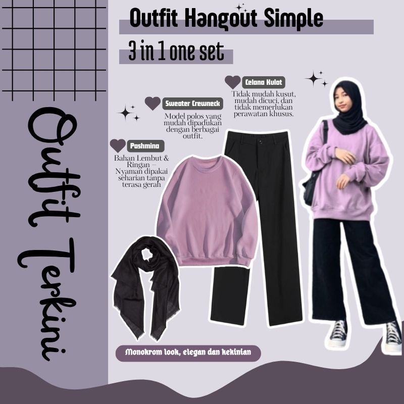 Baju One Set Remaja ( Sweater Crewneck Wanita + Celana Kulot + Hijab ) OOTD Korean Style - 023