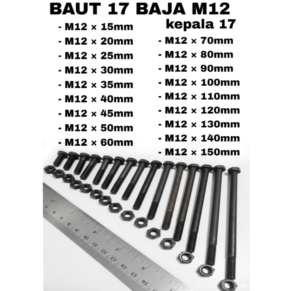 Baut 17 Baja M12 Panjang 15mm - 120mm Kunci 12 Baut set Mur M12 [DRAT HALUS]