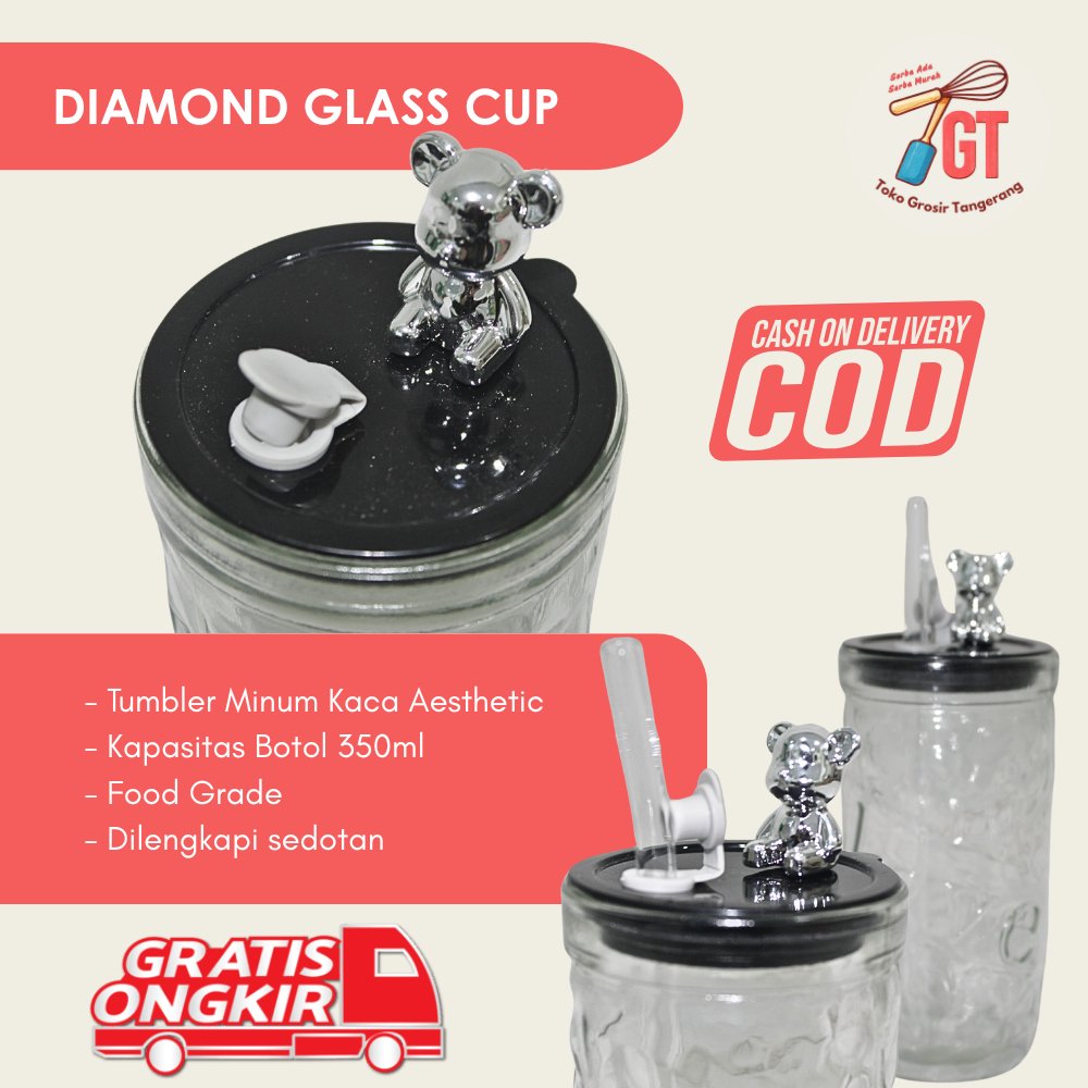 Gelas Kaca Tumbler Kaca Aesthetic Bear 500ml Lid Glass Minuman - Warna Random