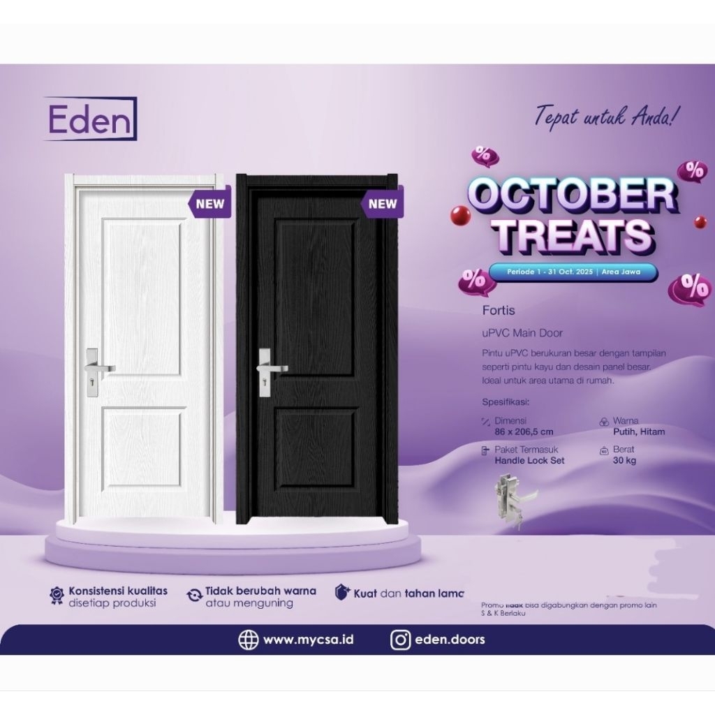 pintu utama rumah kamar tidur ruangan uPVC merk EDEN 86cmx206.5cm