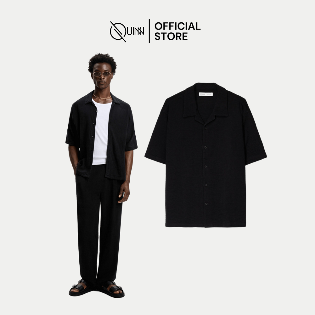 Bershka Colar Shirt Black Textured / Kemeja Lengan Pendek Hitam Pria