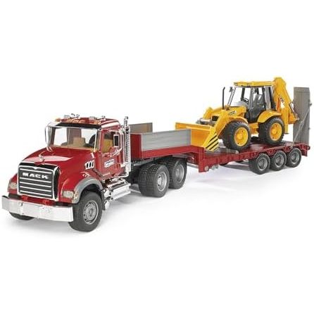 Bruder Toys 02813 Mack Granite Flatbed Truck with JCB Loader Backhoe
