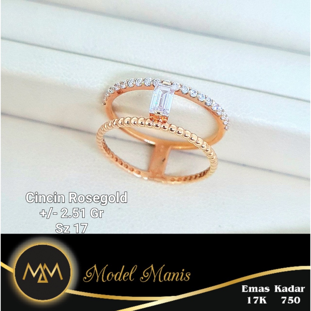 Model Manis Gold - Cincin Double Batu Baguette Rosegold - Emas 17k 750