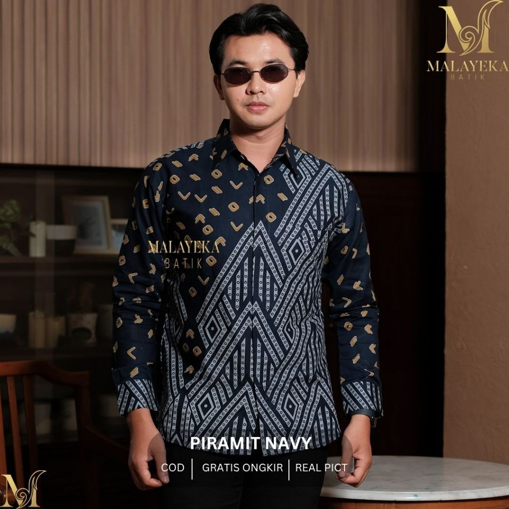 MALAYEKA BATIK Motif PIRAMIT Navy Kemeja Batik Pria Slimfit Premium Baju Batik Pria Lengan Panjang W