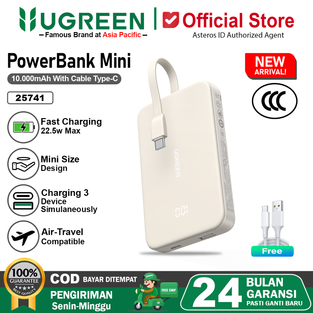 UGREEN Power Bank 10.000mAh PD QC 3.0 Fast Charging 20W LED Built in Cable Type C 25741