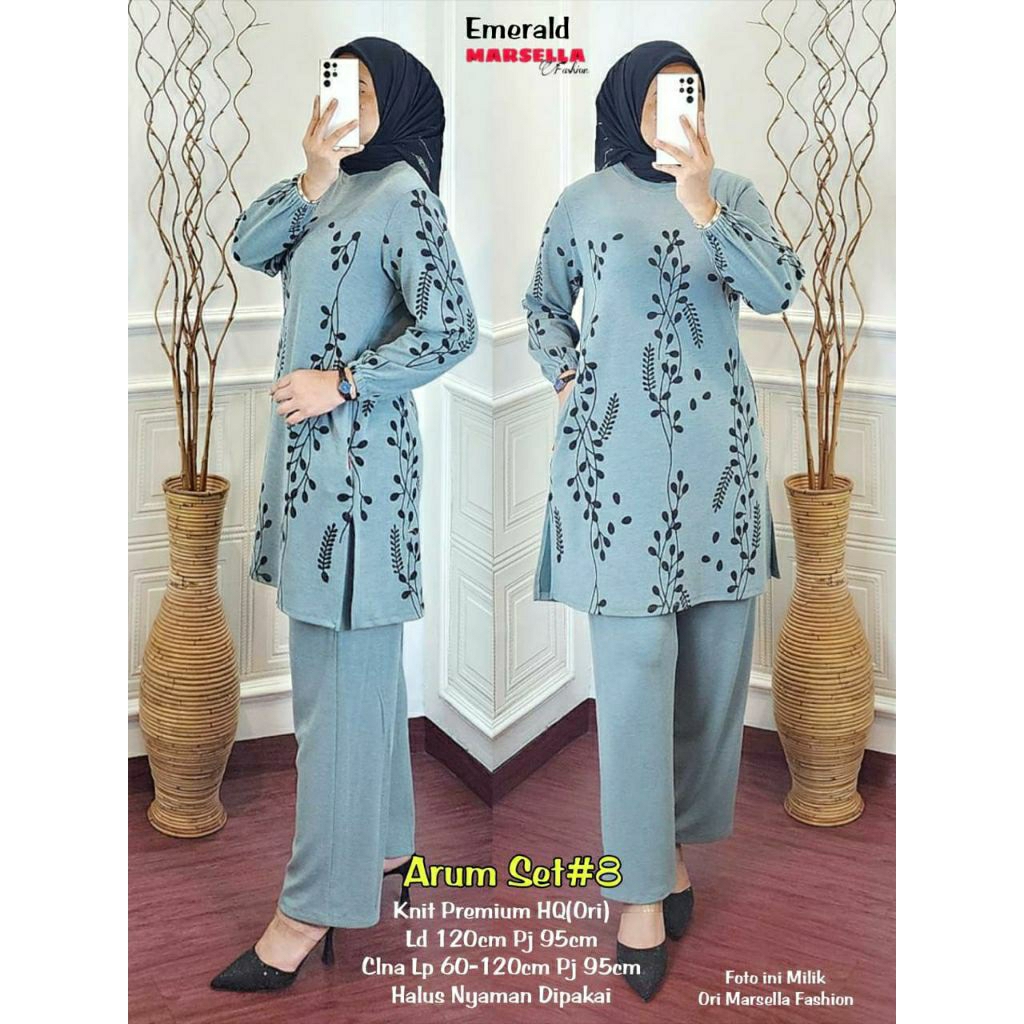 Arum setelan long tunik knit remaja muslimah motif bunga