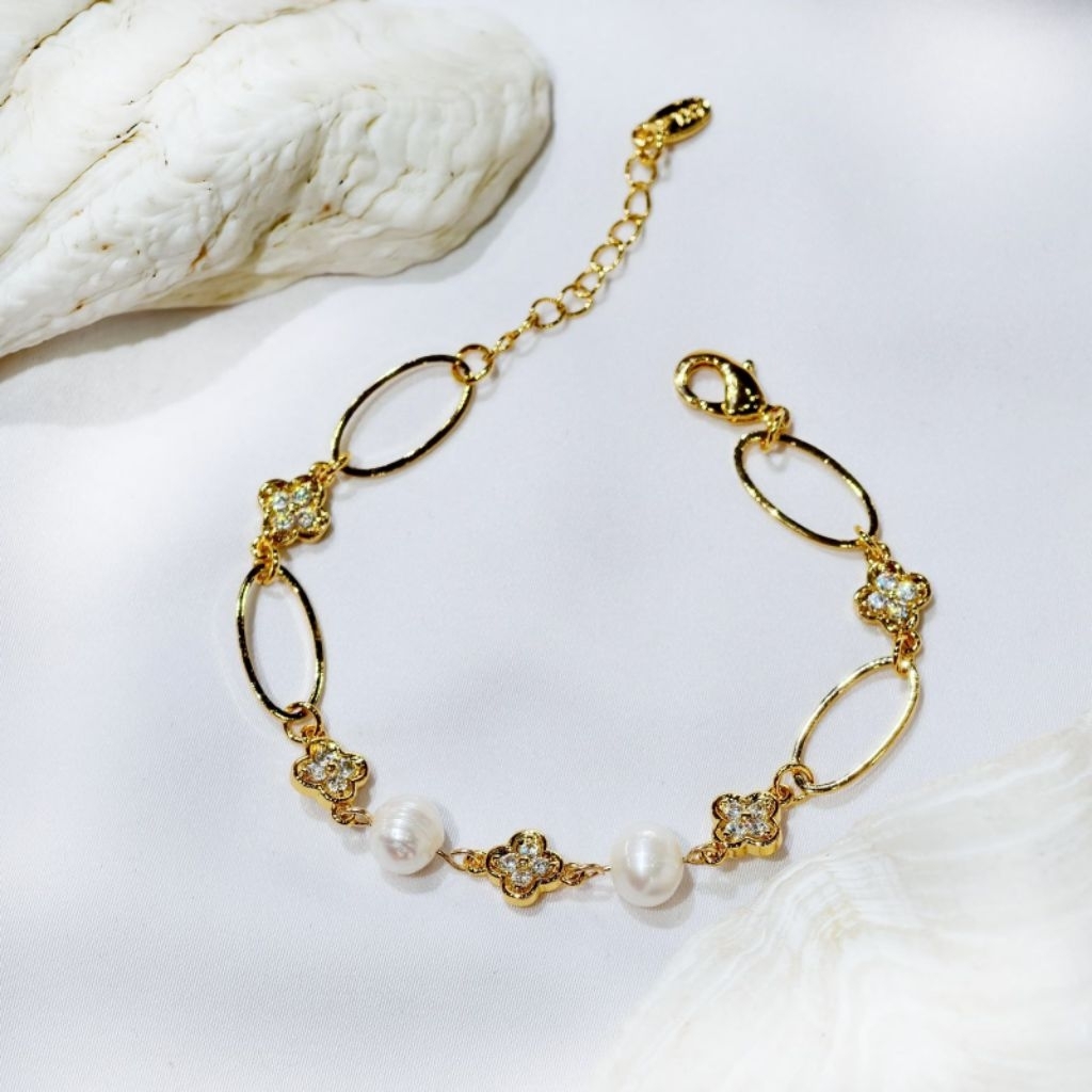 Gelang rantai Rhodium Lapis emas 18k Mutiara Air Tawar asli Lombok