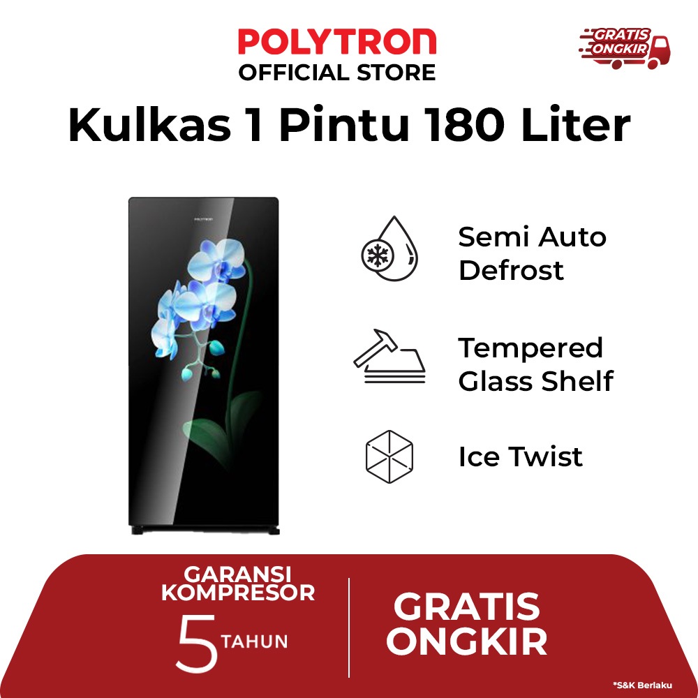 KULKAS POLYTRON 1 PINTU PRA 18MOB GLASS DOOR 180LITER