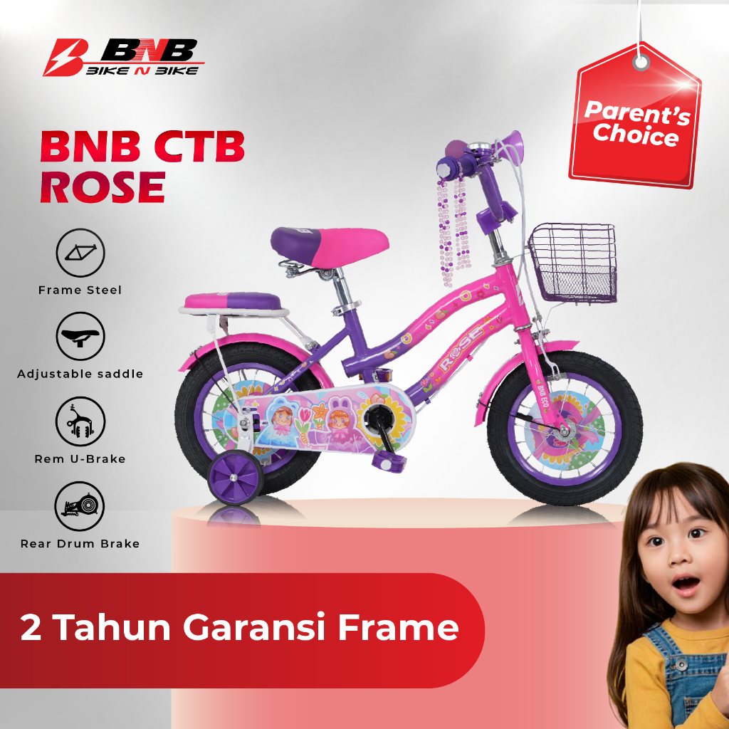 BikeNBike - Sepeda Anak Perempuan Usia 3 - 9 Tahun CTB Rose Ukuran 12 16 18 Inch