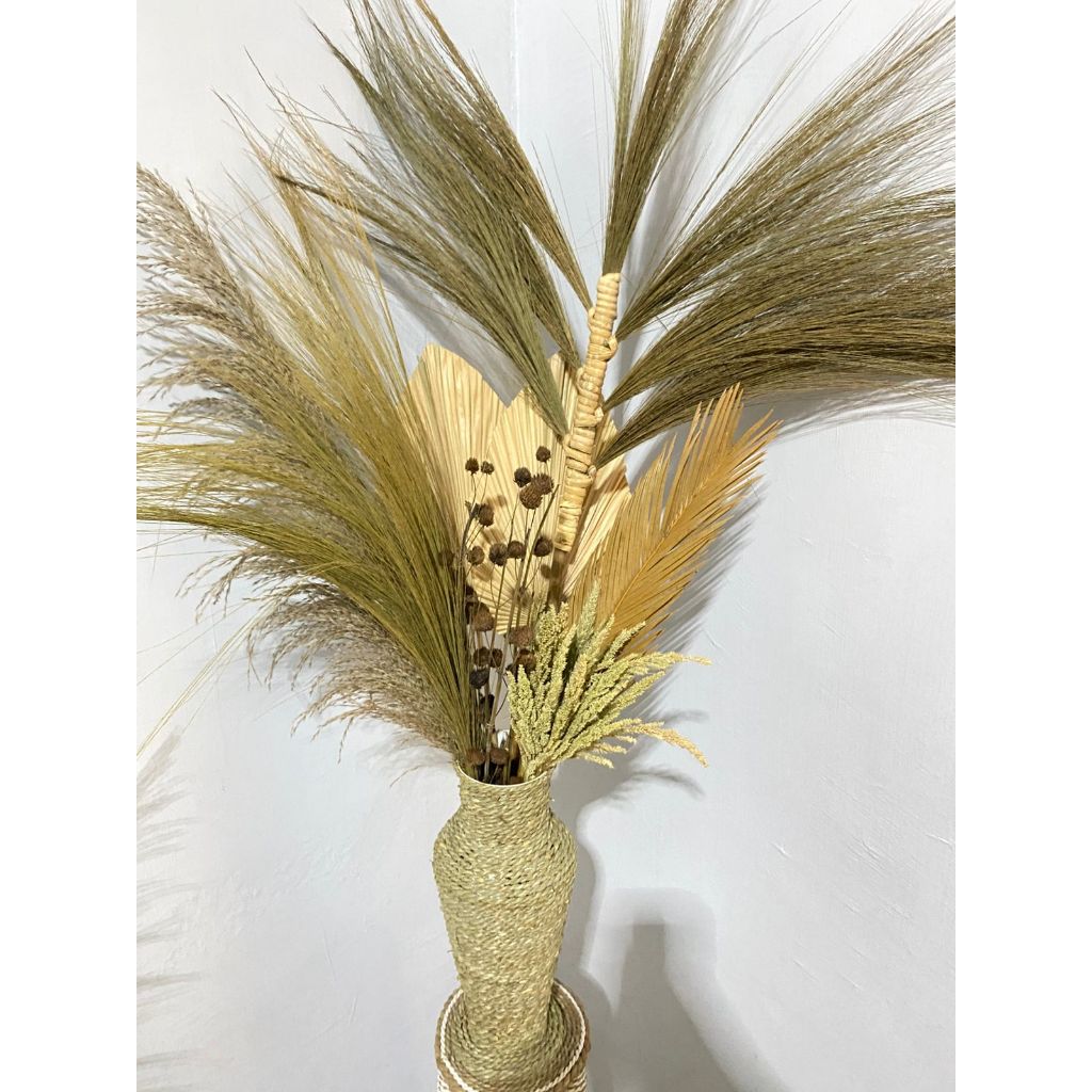 Paket Bunga Kering + Pot/ Dekorasi Daun Palem Kering Rustic/ Pampas/ Dekorasi Estetik
