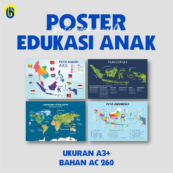 Poster Edukasi Anak A3+ Peta Dunia & Indonesia Bahan AC 260 – Belajar Geografi & Bendera Negara
