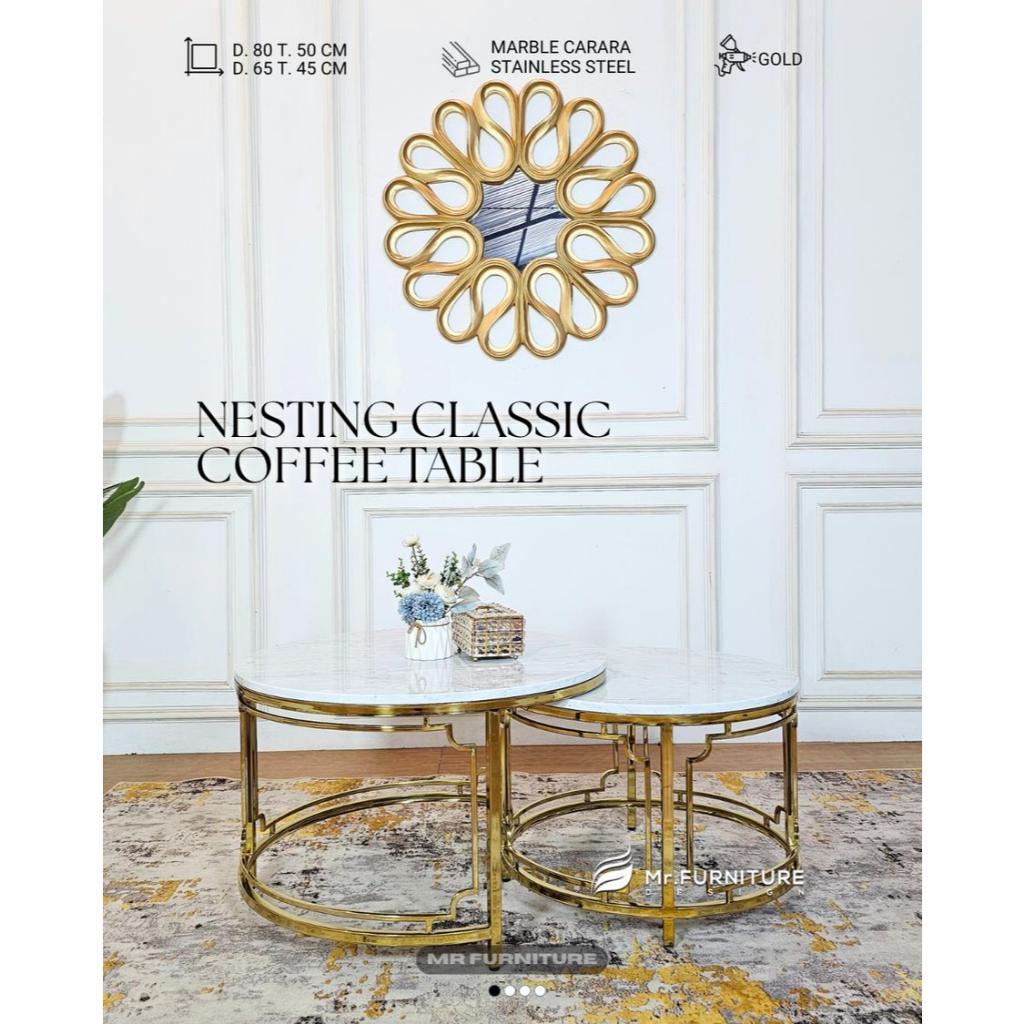 meja tamu nesting bulat klasik stainless gold top marmer full carrara D 80&65 cm