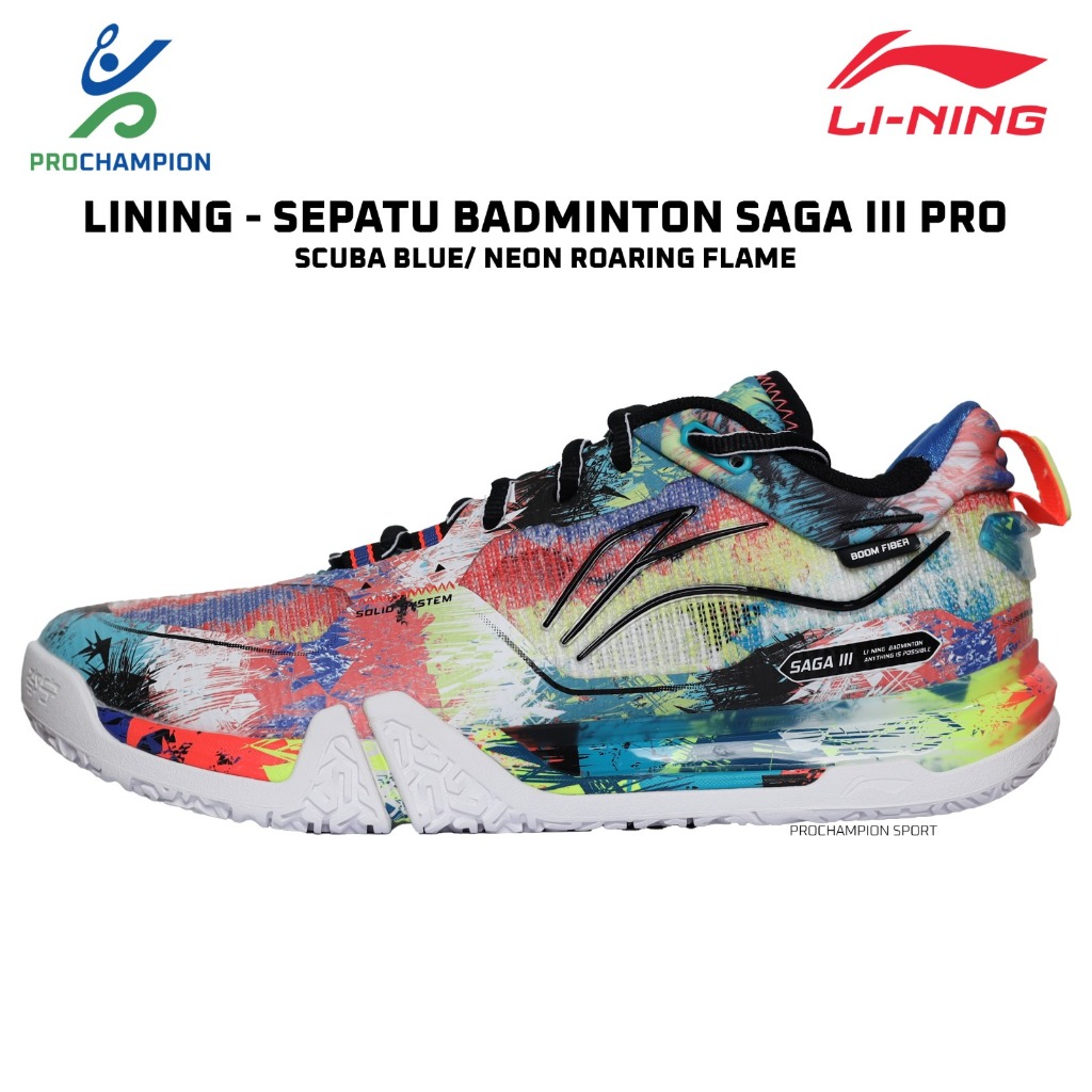 Sepatu Badminton Lining Saga III Pro Scuba Blue Neon Roaring Flame
