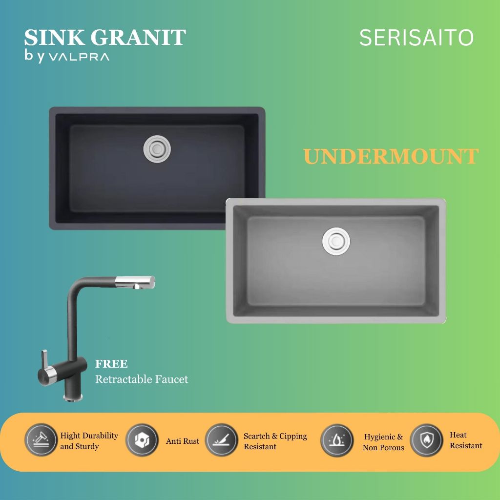 Kitchen Sink Granit Undermount Valpra / Tempat Bak Cuci Piring Hitam Abu + Keran / Kran Air Granite 