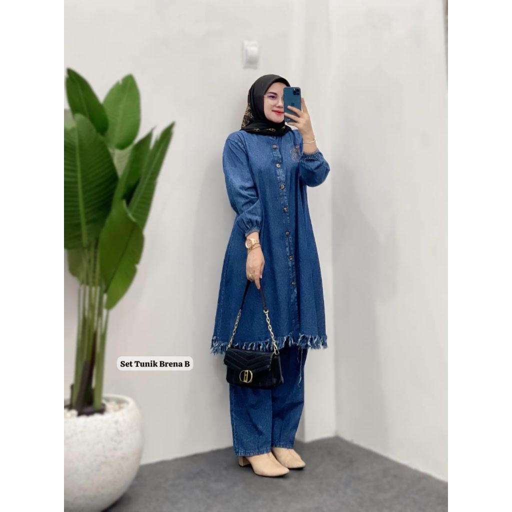 Set tunik Brena Longset Jeans/Oneset Jeans/Tunik Set jeans