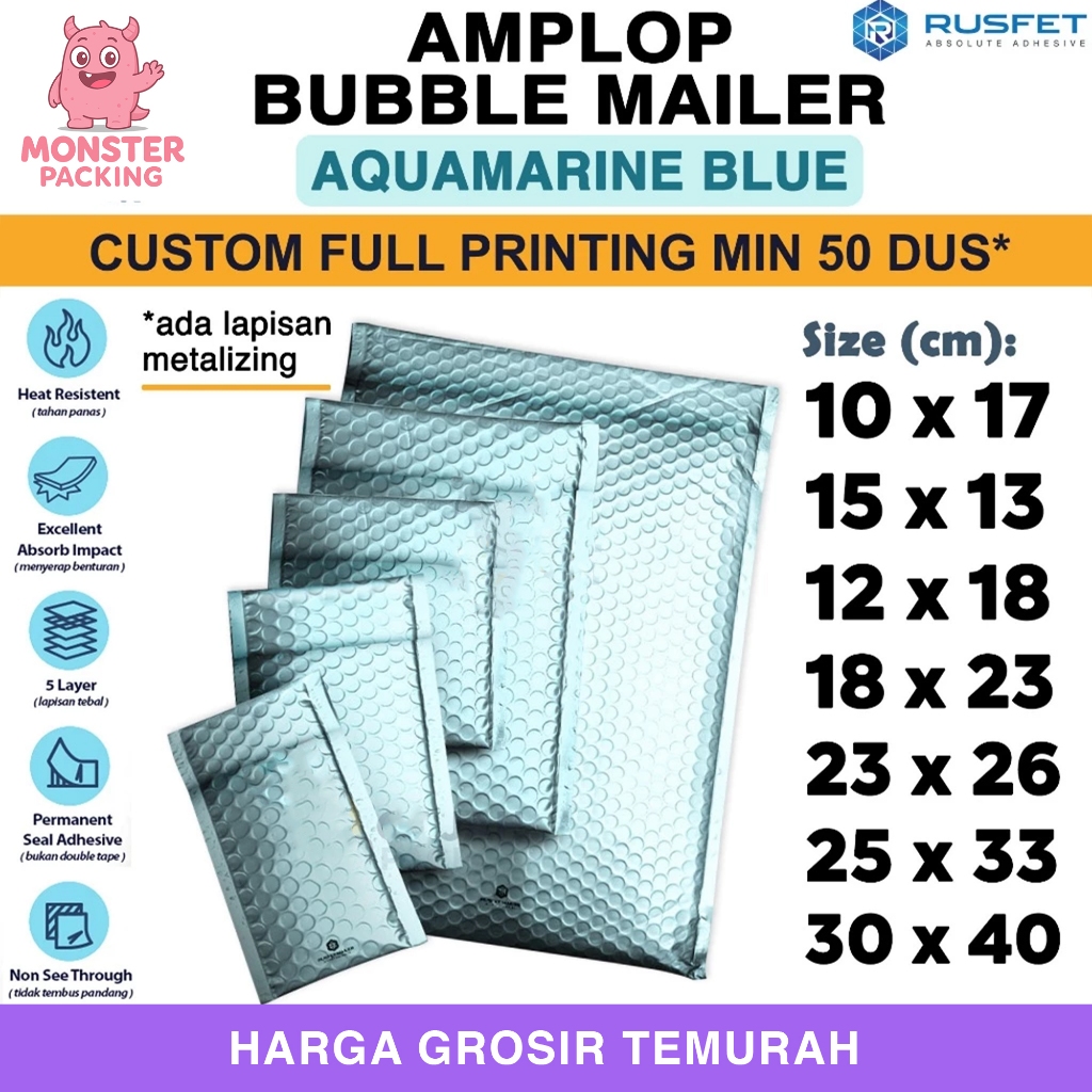 Amplop Bubble Wrap AQUAMARINE BLUE Biru Envelope Bubble Bag Mailer Security Packing Perekat Paket