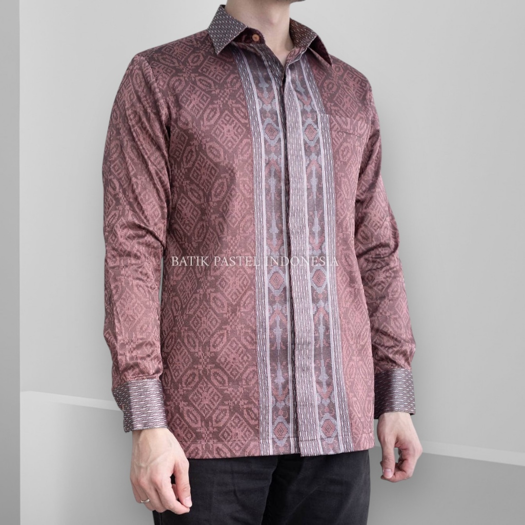 [9 warna] Kemeja hem Pria lengan panjang Batik tenun songket Pink salem Exlusive