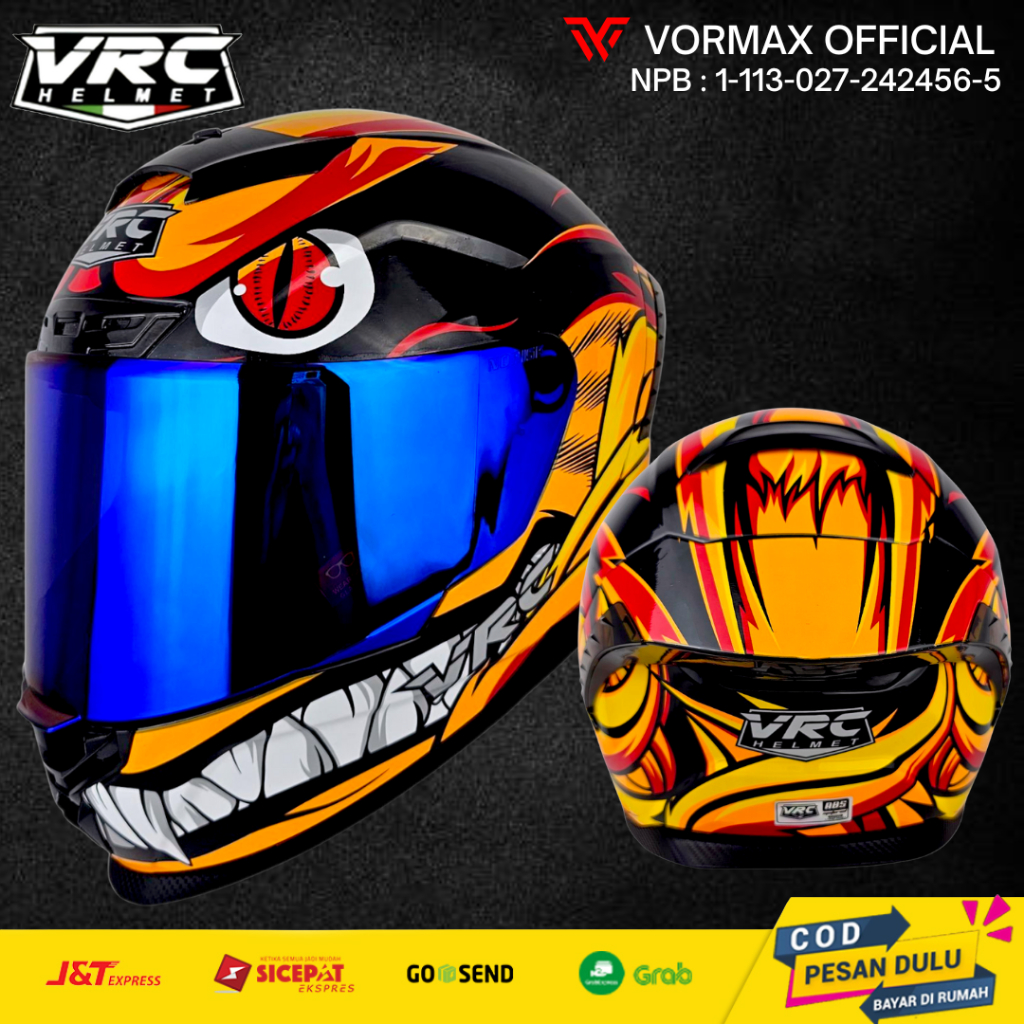 HELM FULL FACE VRC MOTIF KURAMA YELLOW SINGLE VISOR BLUE SERTIFIKASI SNI
