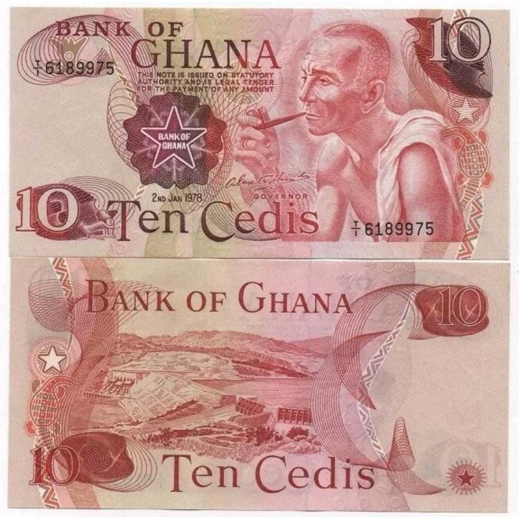 Ghana 10 Cedis UNC-Original-Gress "Barang sulit" seukuran 10k Kartini