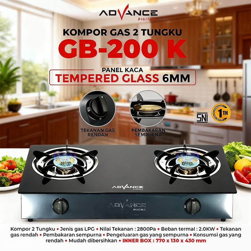 Advance GB-200K 2 Tungku Hemat Gas Api Biru || Advance Kompor Gas 2 Tungku Kaca Tebal Hemat