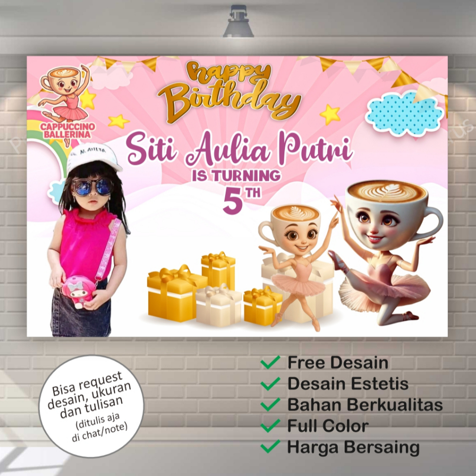 Spanduk Banner Ulang Tahun Anak Perempuan Motif Ballerina Cappuccino