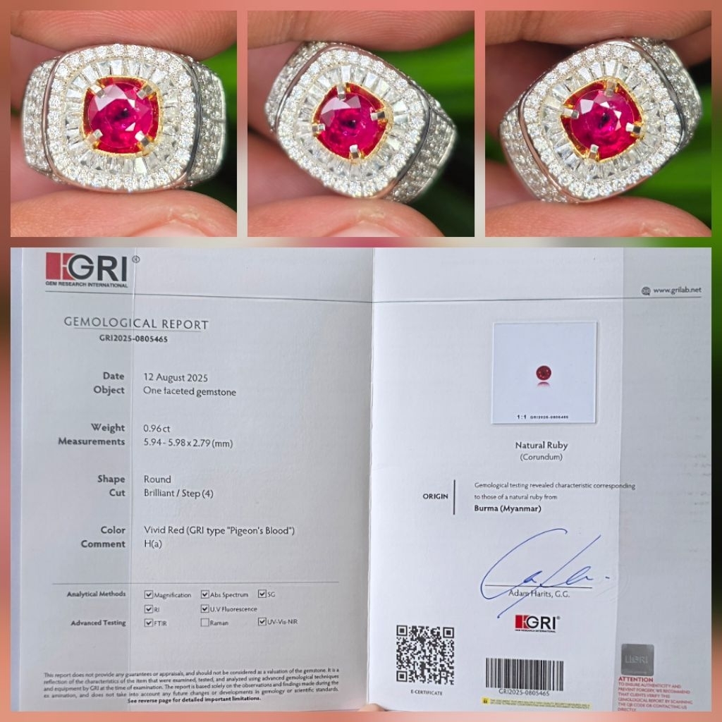 Batu Natural HQ Vivid Red Pigeon Blood Ruby Burma Myanmar Sertifikat 0.96 crt