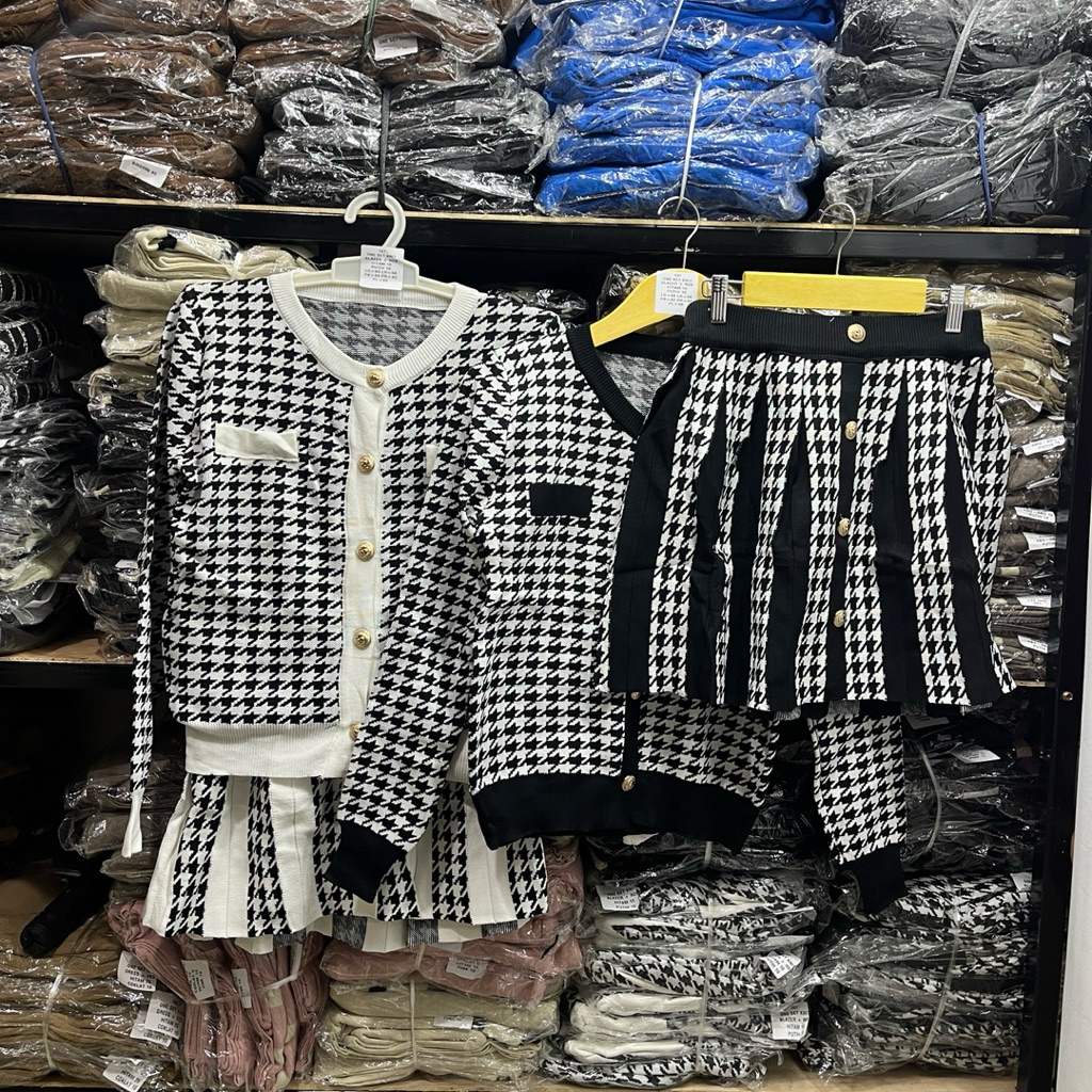 Set Rajut Wanita Houndstooth Premium – Cardigan & Rok Knit Korean Style | Outfit Elegan Kekinian