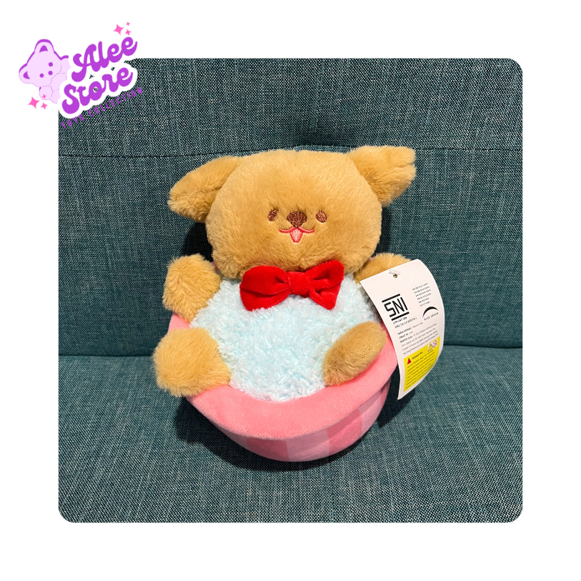 Boneka Anjing Cokelat Lucu dengan Pita Merah – Boneka Imut Lembut SNI