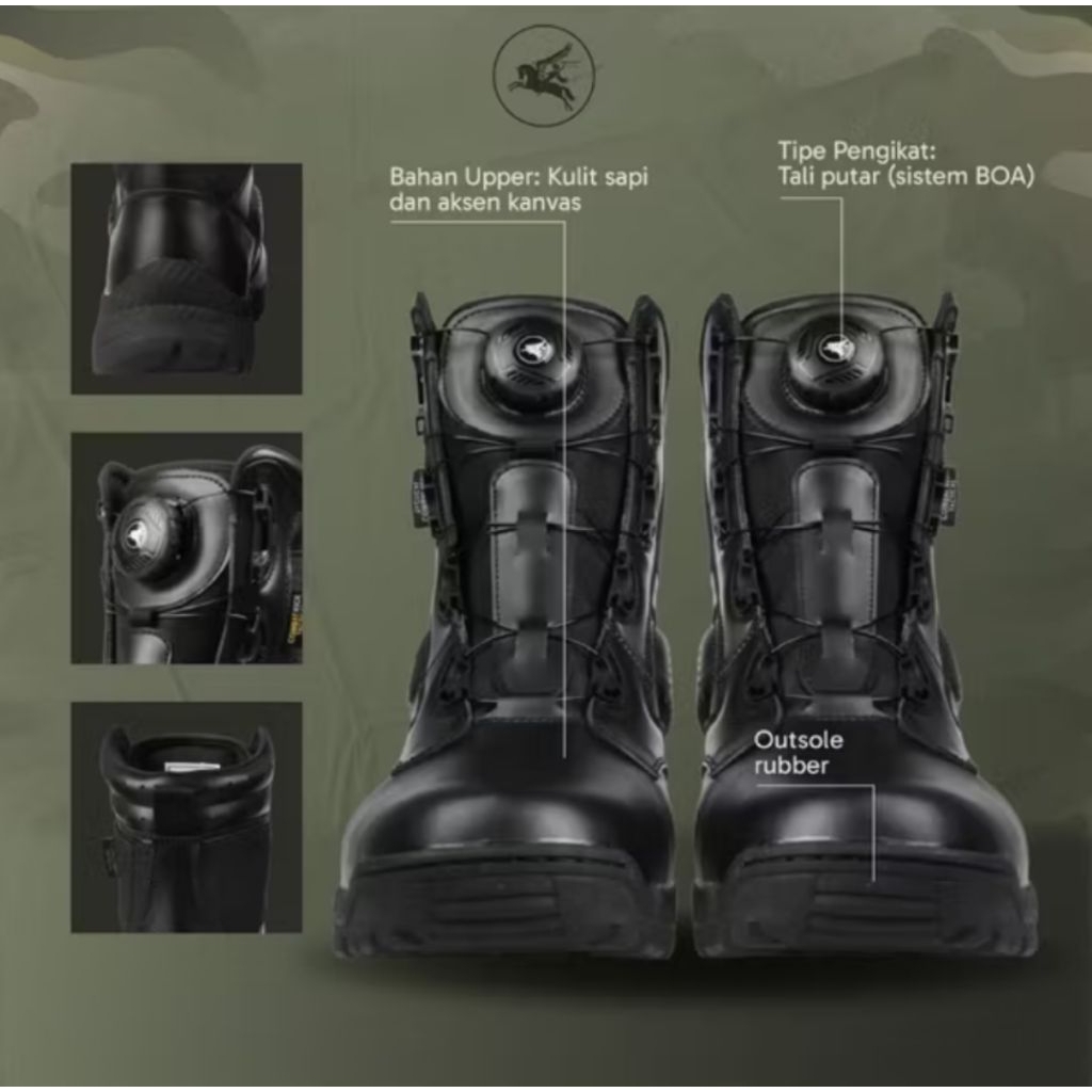 Combatkicks Sepatu PDL TNI Polri Hercules Titan Kulit Sapi Tali Putar Boa System High-Cut 24,5 cm Ny