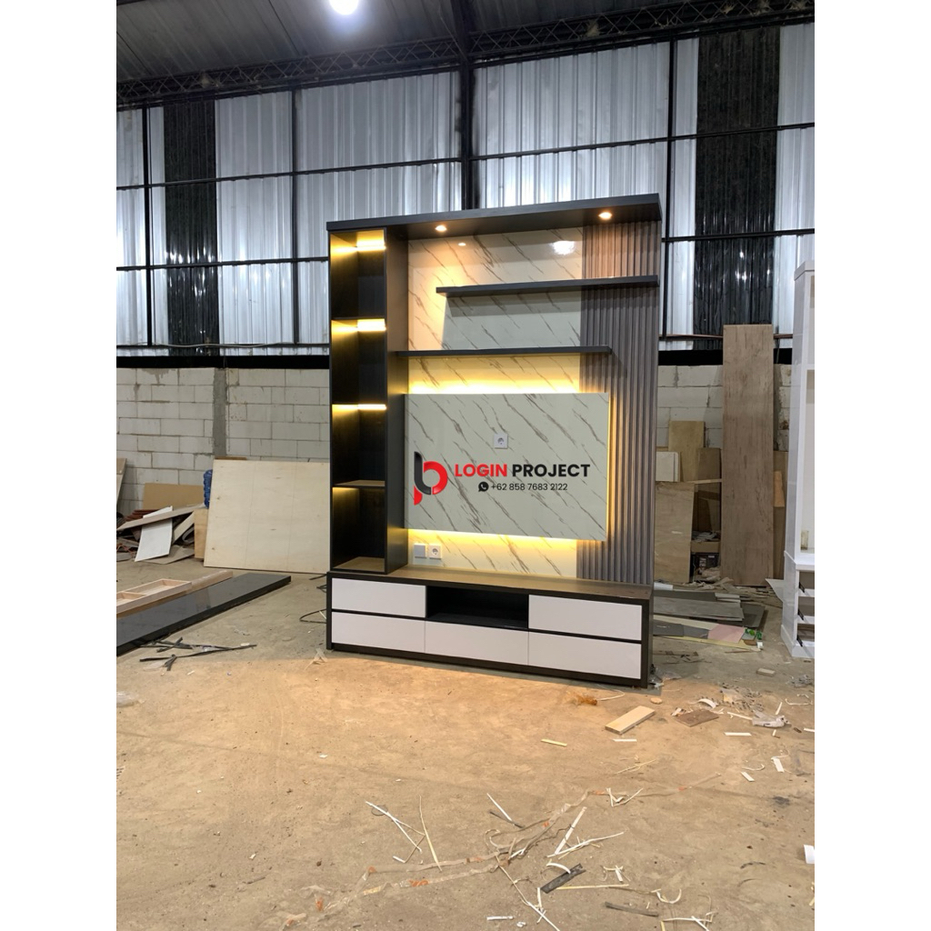 Rak Ambalan TV Modern - Motif Marmer - Meja TV HPL - Bisa Custom Produk - Partisi Ruangan - Desain I