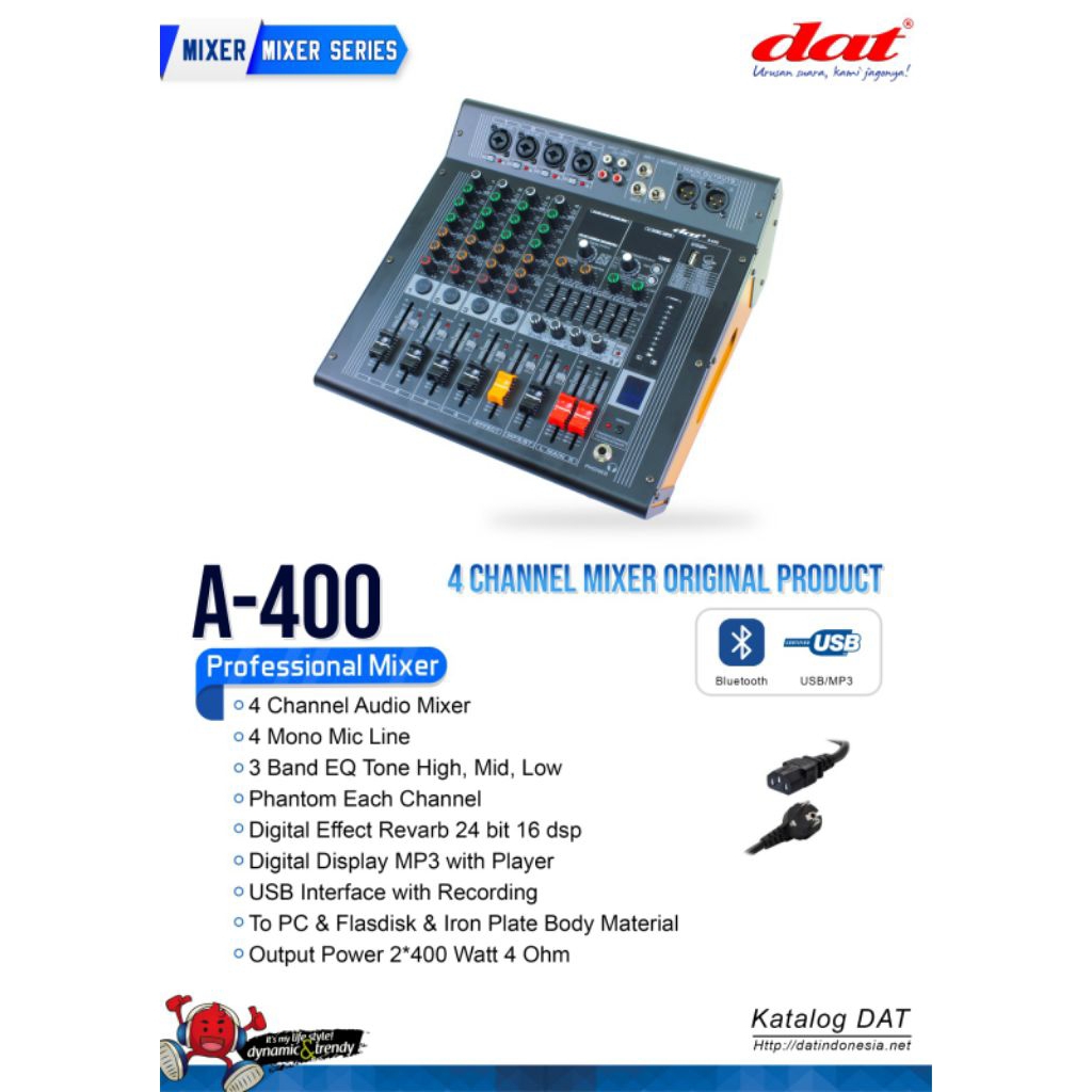DAT A-400 – Mixer 4 Channel, 4 Mic Input, 3 Band EQ, Reverb DSP 24bit, USB/MP3, Output 2×400W