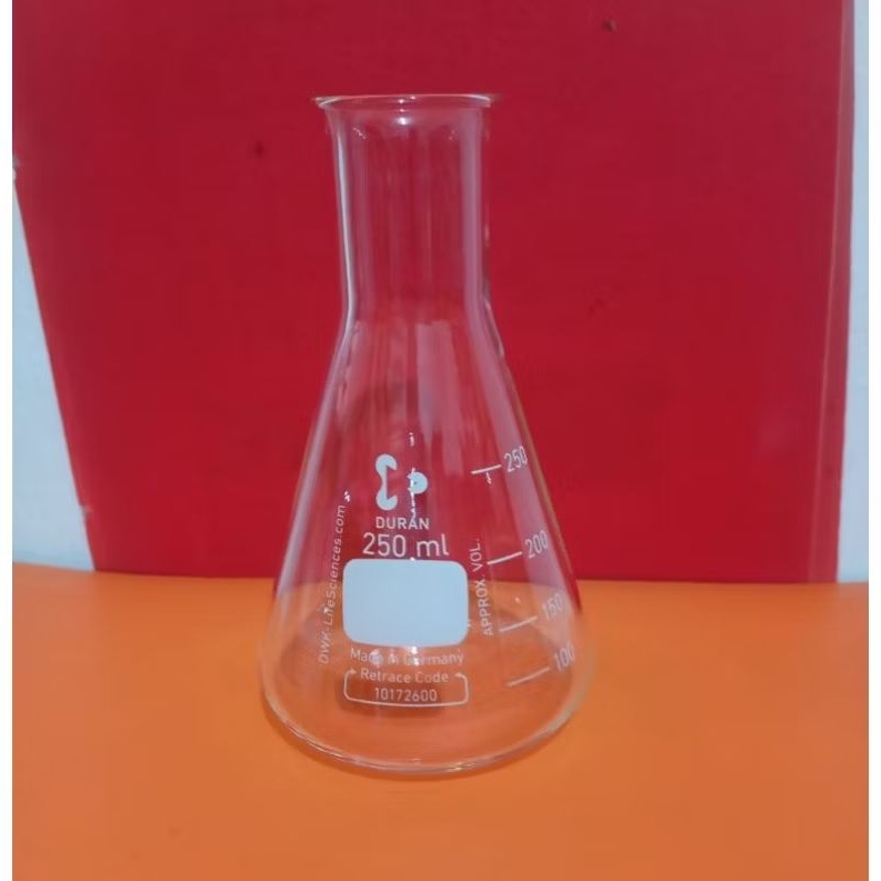 Erlenmeyer 250 ml Duran. Mulut Kecil. Erlenmeyer Glass.