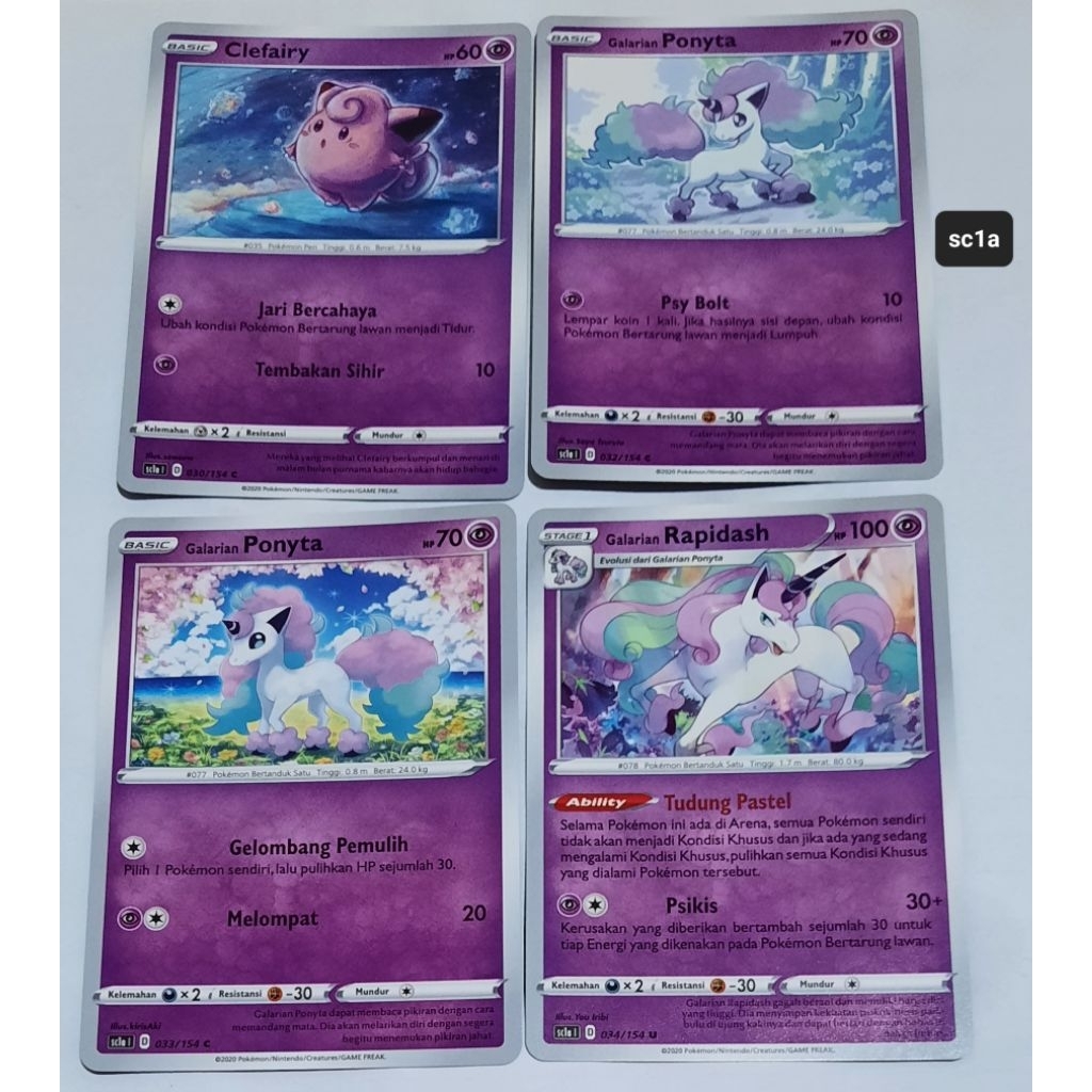 Kartu Pokemon tipe psychic sc1a (clefairy, galarian ponyta, rapidash)