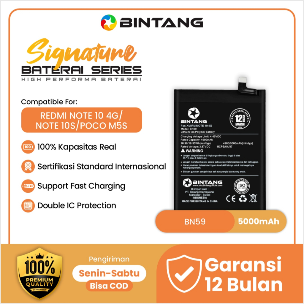 BINTANG Baterai Signature BN59 REDMI NOTE 10 4G/NOTE 10S/POCO M5S 5000MAH Original Capacity XIAOMI B