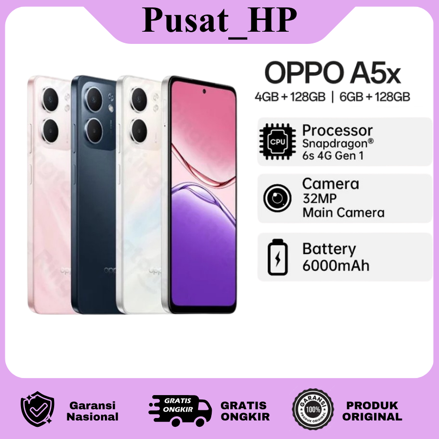 OPPO A5x [Ram4+128] [Ram6+128] Snapdragon® 6s 4G Gen 1|6,67"|ColorOS 15.0| garansi resmi indonesia