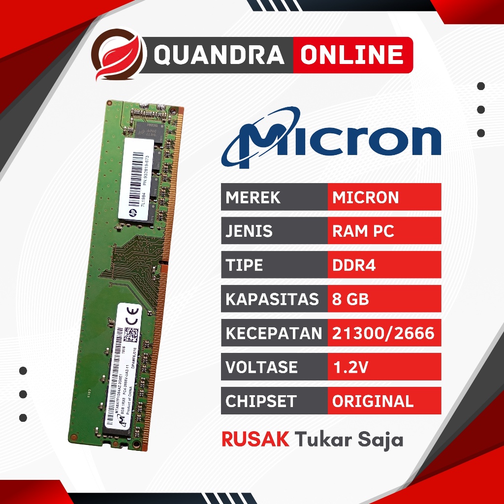 RAM LONGDIMM MICRON 1RX8 8GB DDR4 PC21300 2666MHZ SECOND COPOTAN PC BUILT UP