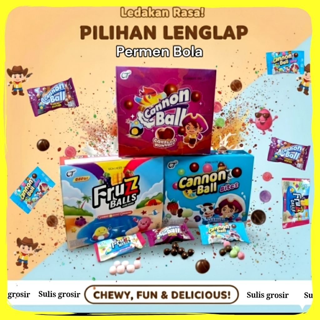 Cannon Ball Coklat Kunyah, Fruzz Balls Chewy Candy dan Cannon Ball BitesPermen Rasa Susu Per Box Isi